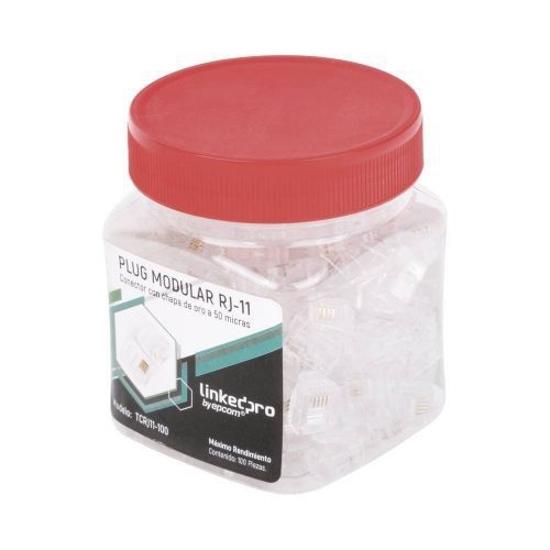 BOTE LINKEDPRO BY EPCOM CON 100 PIEZAS DE PLUG MODULAR TIPO RJ11 DE 4 CONTACTOS CHAPADO DE ORO A 50 MICRAS, TCRJ11-100