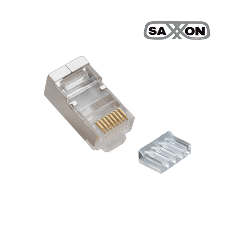 SAXXON S901E – CONECTOR PLUG RJ45 PARA CABLE UTP CON GUÍA, CAT 6, BLINDADO, PAQUETE 100 PIEZAS