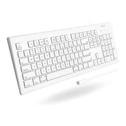TECLADO USB C MACALLY CON CABLE PARA MAC Y PC, TECLADO MAC CON CABLE DE 104 TECLAS DE PERFIL BAJO CON 15 ACCESOS DIRECTOS MACOS,